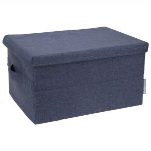 Bigso Box of Sweden Juego de 2 cajas redondas con tapa – Cajas organizadoras para ropa juguetes – Cajas de almacenaje decorativas de tablero de fibras y papel con aspecto de lino – azul etc